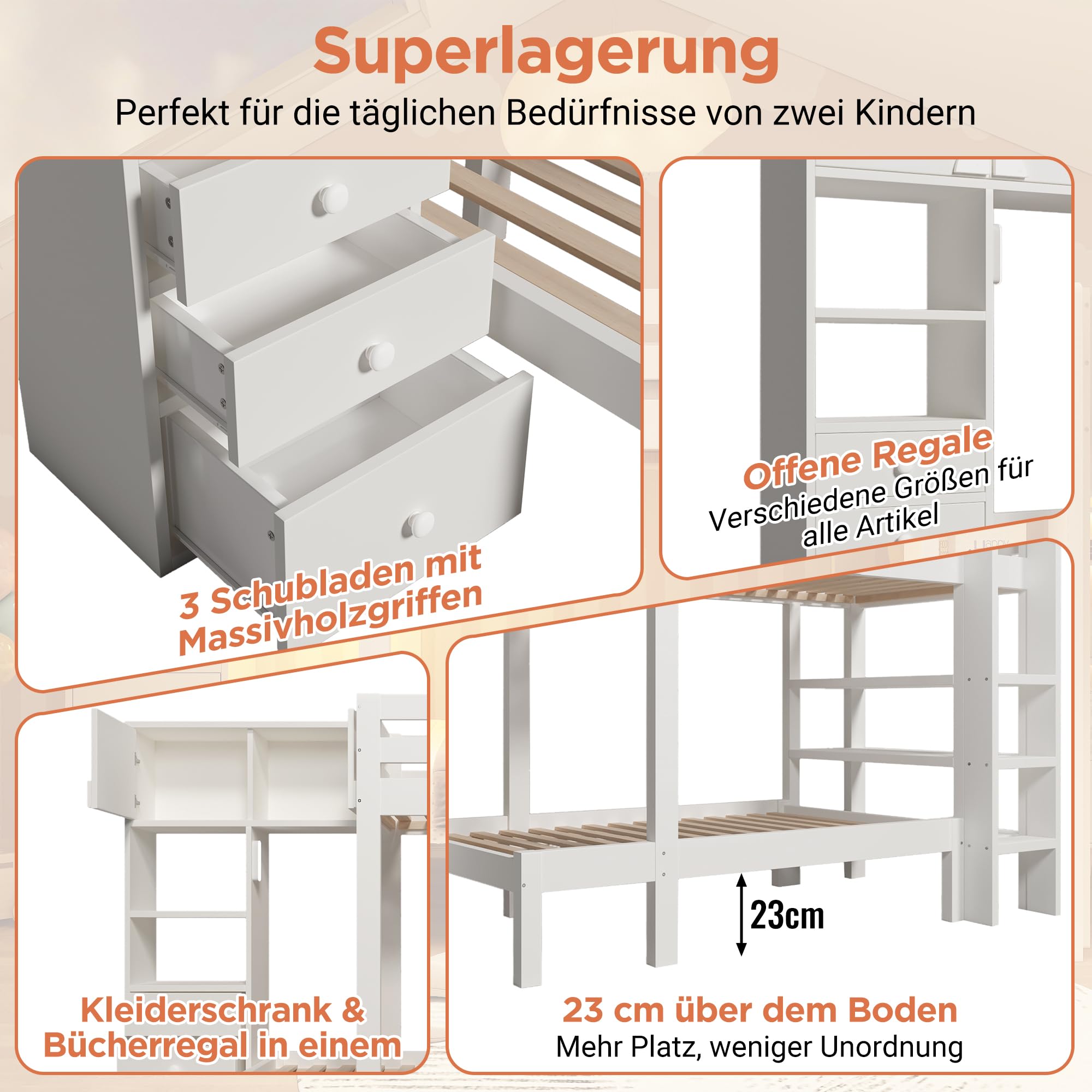 Letto a castello 90 x 200 cm per bambini e ragazzi, design sfalsato, armadio e scaffale, molto spazio nei cassetti, scala di sicurezza e protezione anticaduta, legno massello, bianco