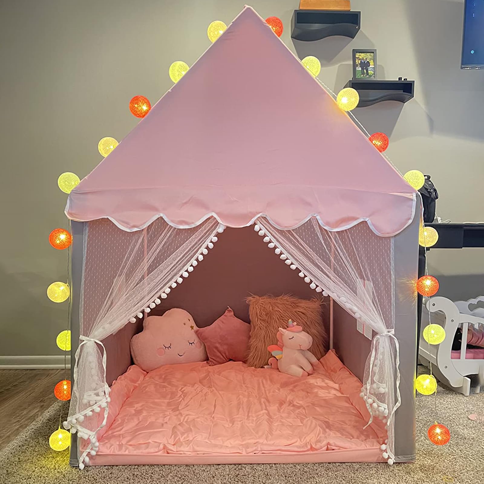 Tenda per Bambini Cameretta, Tenda Gioco Bambina Capanna per Ragazza da Interno, Casetta per Figliola‌ per Regalo di Natale (Rosa & Grigio,100×120×130cm)