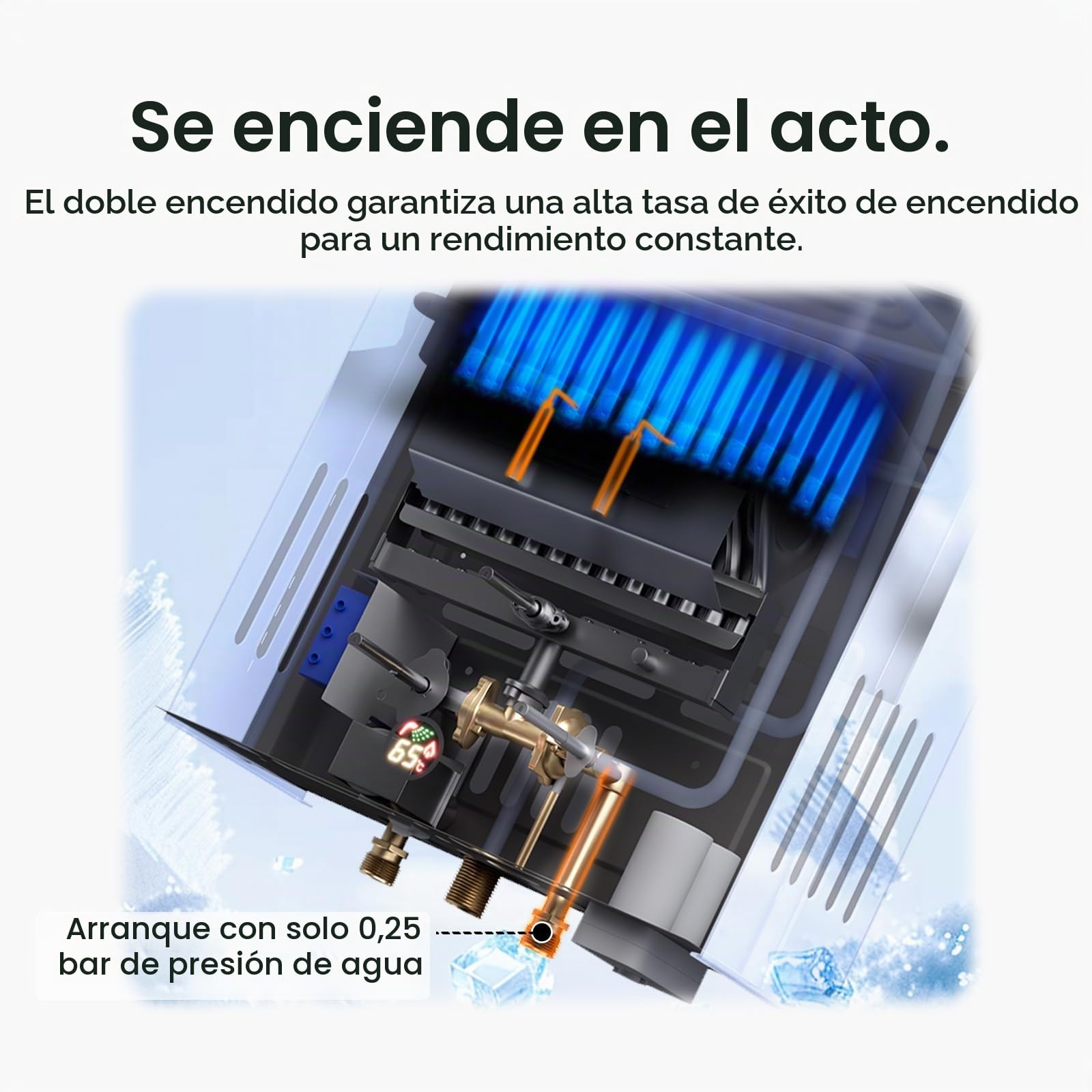 Xverycan Calentador de Agua Butano 12 LPM, 24 KW Termo de Gas GLP, Arranca con Solo 0,25 Bar de Baja Presión, Doble Encendido, Modo Estacional para Ahorrar Gas, para Hogar y Exterior