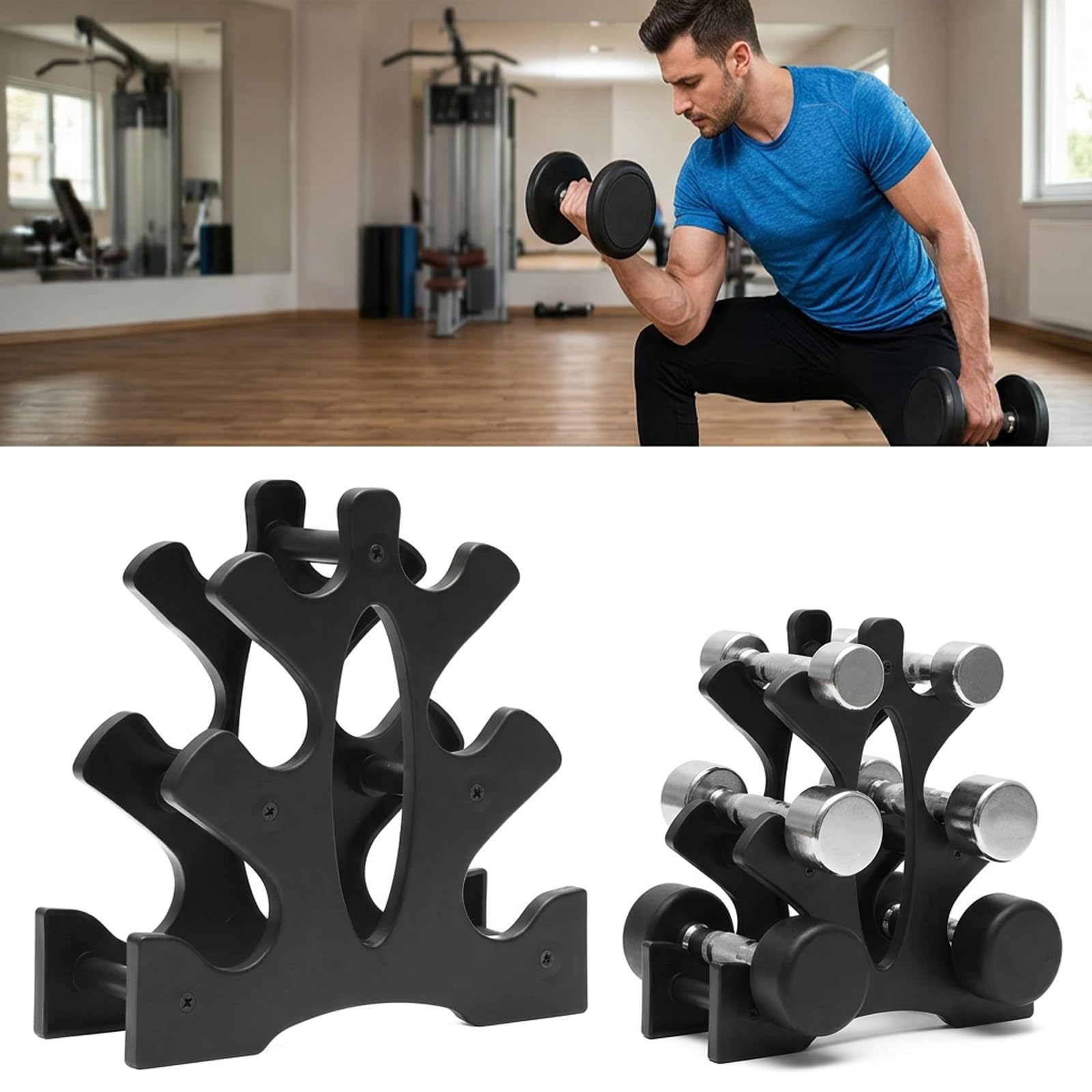 3-poziomowy stojak na krótkie hantle, małe drzewko do hantli, czarny, stabilny stojak na hantle, stojak na talerze gimnastyczne, trening siłowy, do domu, na siłownię, do studia fitness