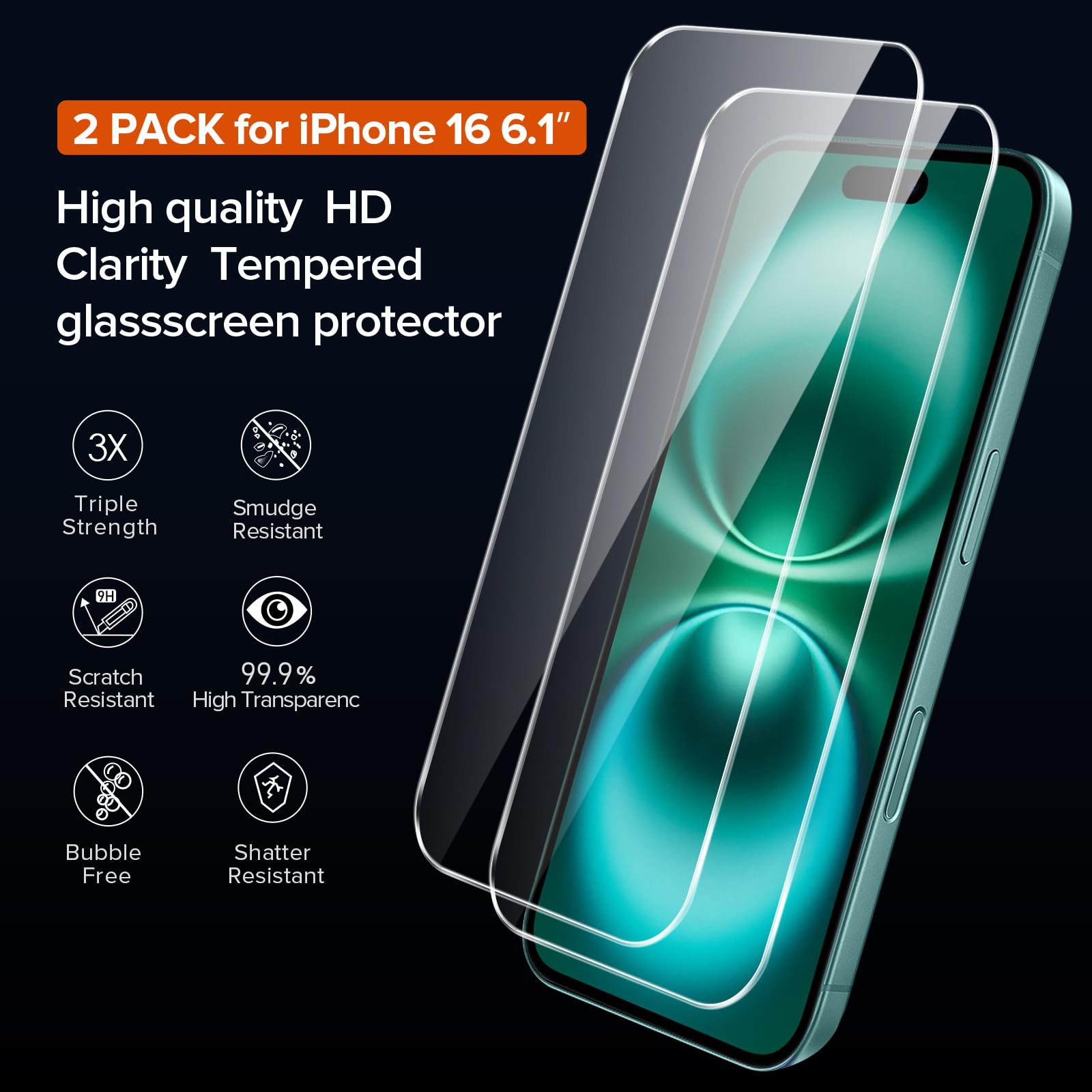 iVoler Anti Ingiallimento Chiaro Cover per iPhone 16 con 2 Pezzi Pellicola Vetro Temperato e Cornice di Installazione, [Antiurto di Grado Militare] Custodia Trasparente Sottile Case-Verde