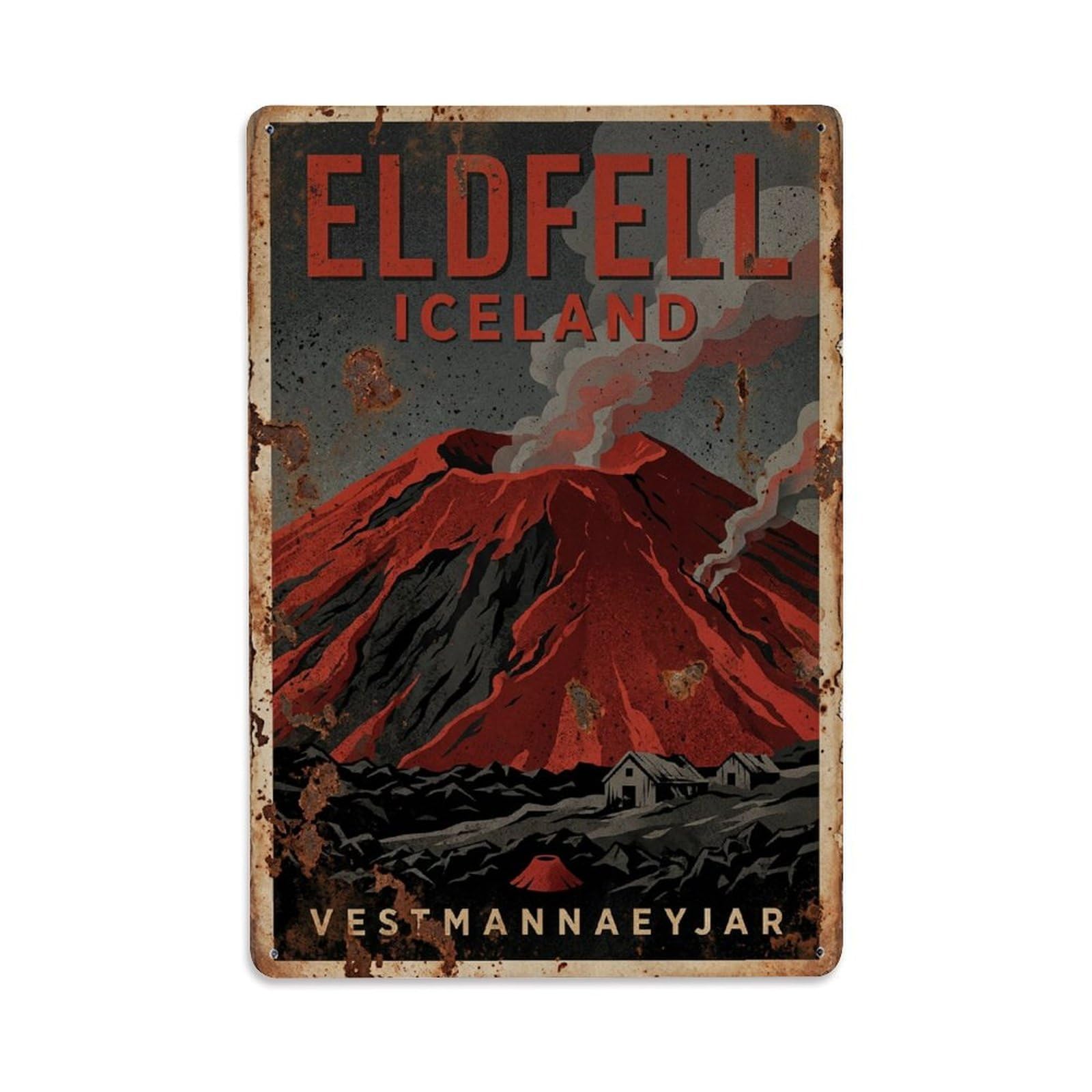Vintage Travel Eldfell Iceland Cone Metal Tin Sign Plaque Wall Decor for Cafe, Club Bar, Office, Home Garden Metal Poster 8x12Inch