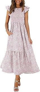 Women's Casual Maxi Dresses with Pockets Ruffle Sleeve Smocked Dress XS-2XL