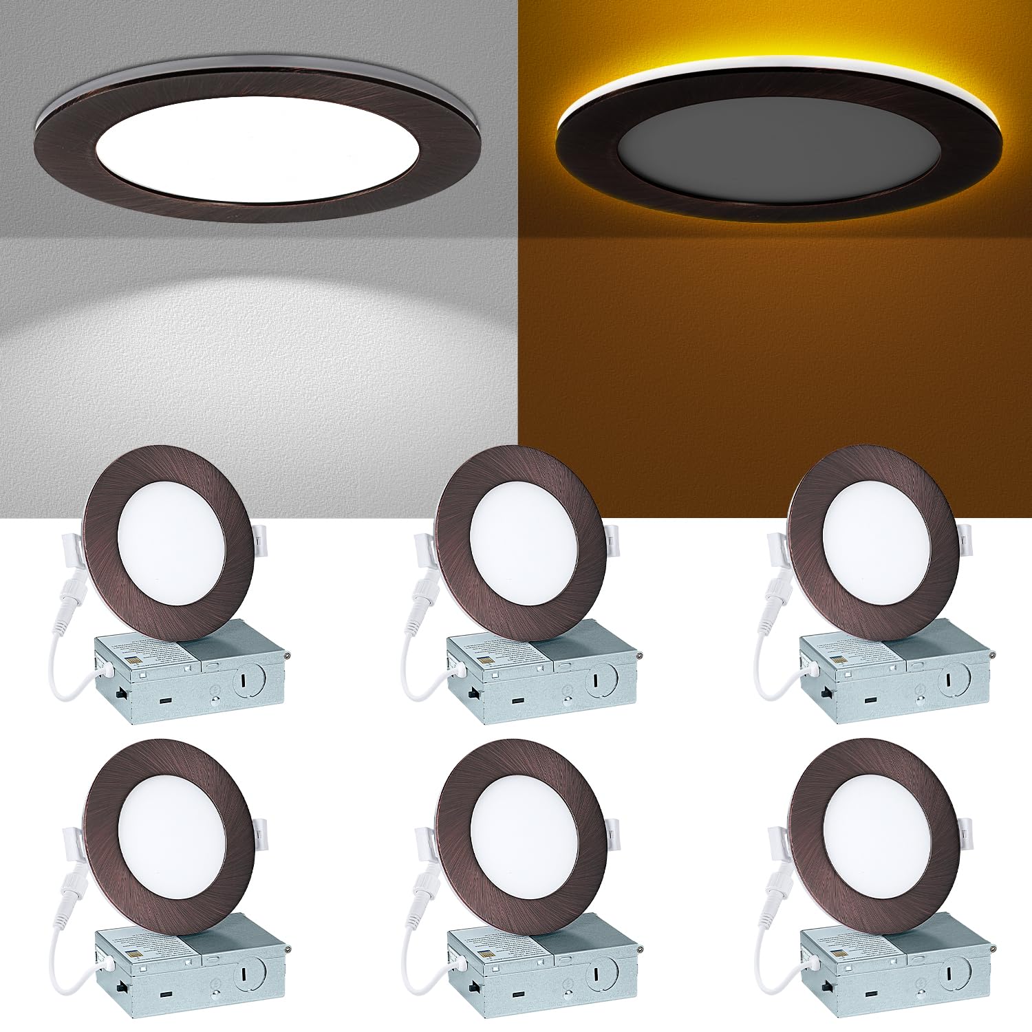 Wembanma 4 Inch LED Recessed Lighting - with Night Light, 2700K/3000K/4000K/5000K/6000K Dimmable Canless Recessed Light, 9W+3W, Wafer Downlight Soffit