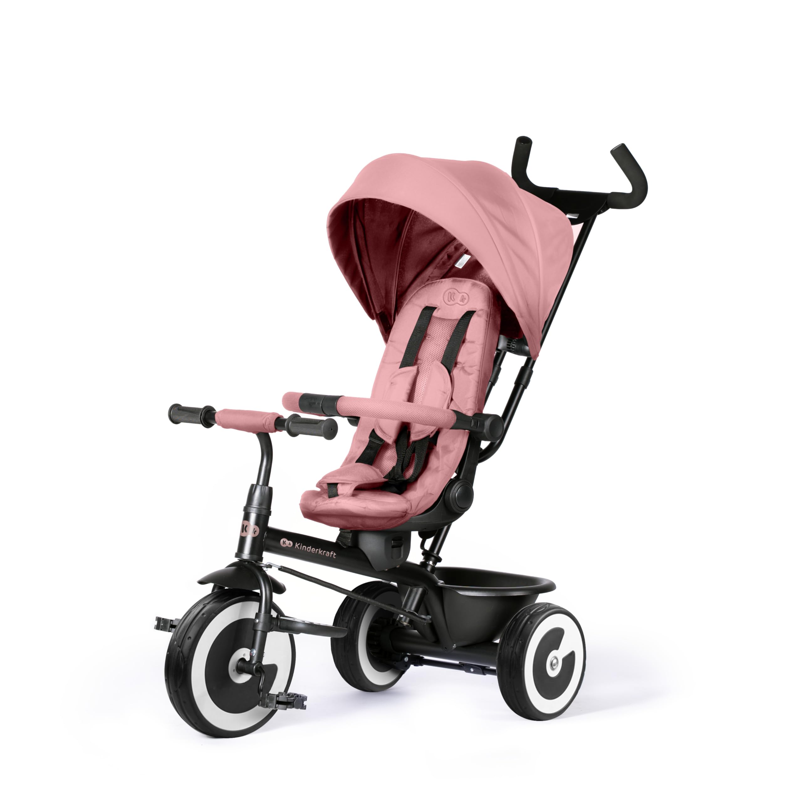 Kinderkraft Aston 2 PRO Dreirad mit Schiebestange, drehbarer 360° Sitz Click & Twist, Halbliegefunktion vor- & rückwärts, Freilaufpedale, Verdeck mit Sichtfenster, Rosa