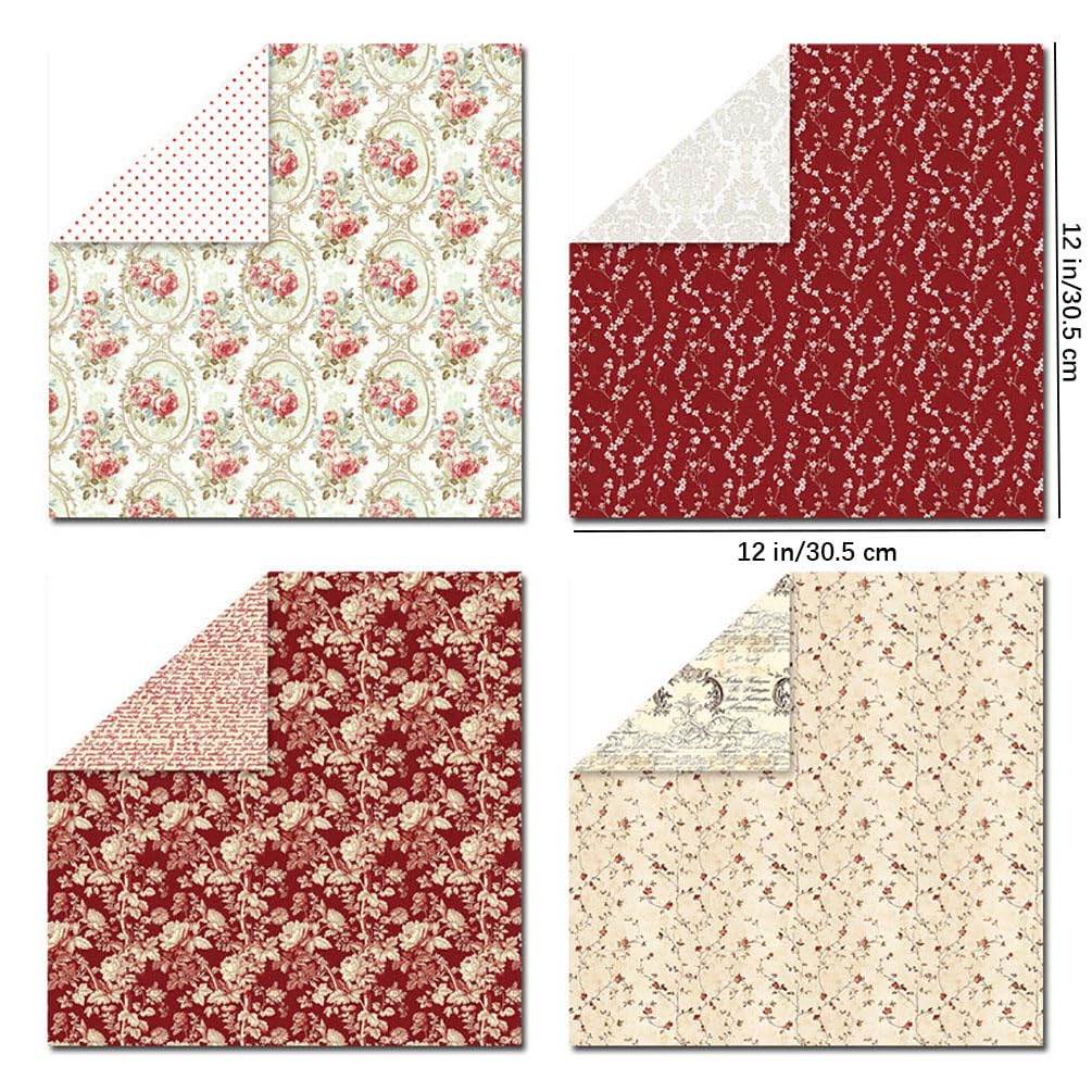 Wkładka do schowka, papier wzorowy 12x12, 24 arkusze dwustronnego papieru do scrapbookingu, papier do wzorów, 12 wzorów, 160 g/m2 papier do scrapbookingu, papier dekoracyjny(Red)