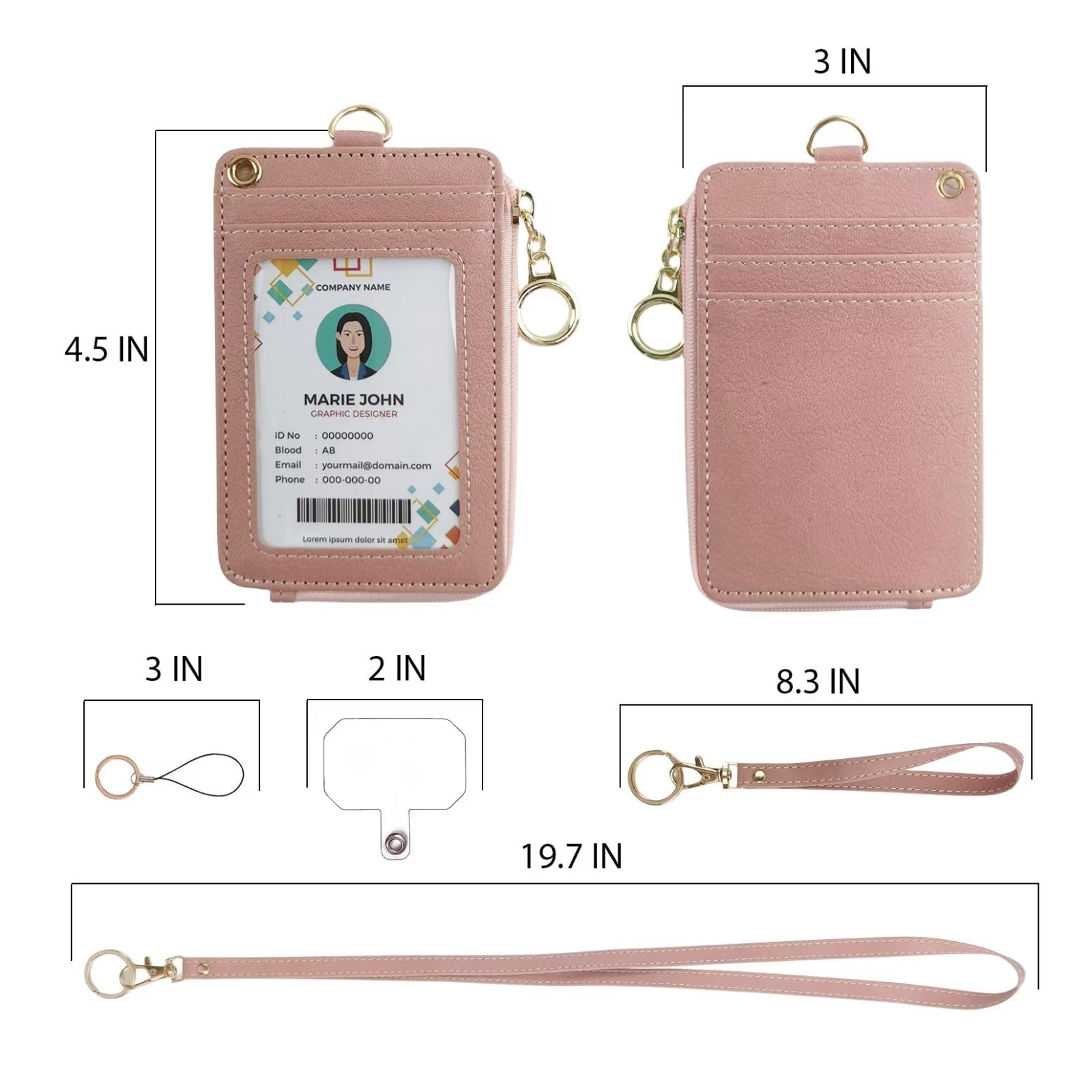 Id Badge Holder with Neck Lanyard Pu Leather Wallet,Pink Lanyard with Id Holders,Wristlet & Long Lanyard, 1 Clear Window - Image 2