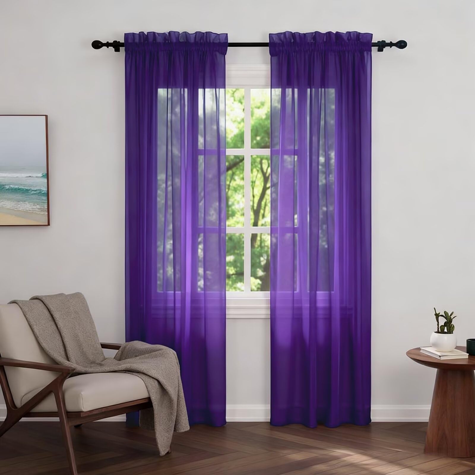 Zdada Net Curtains for Windows 90 Drop, Purple Voile Curtains 2 Panels