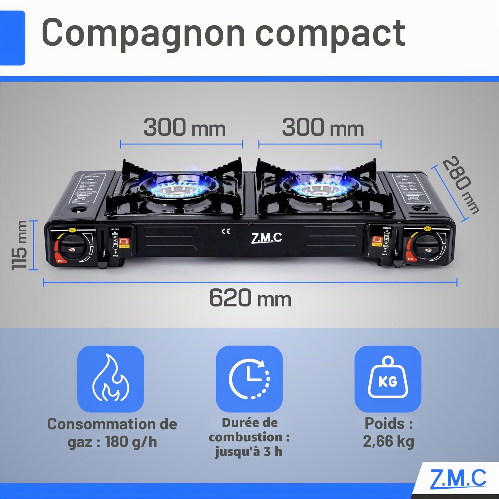 Z.M.C ZMC Réchaud à gaz de camping 2 feux 45x24 cm avec allumage piézoélectrique + adaptateur GPL + 8 cartouches 227 g