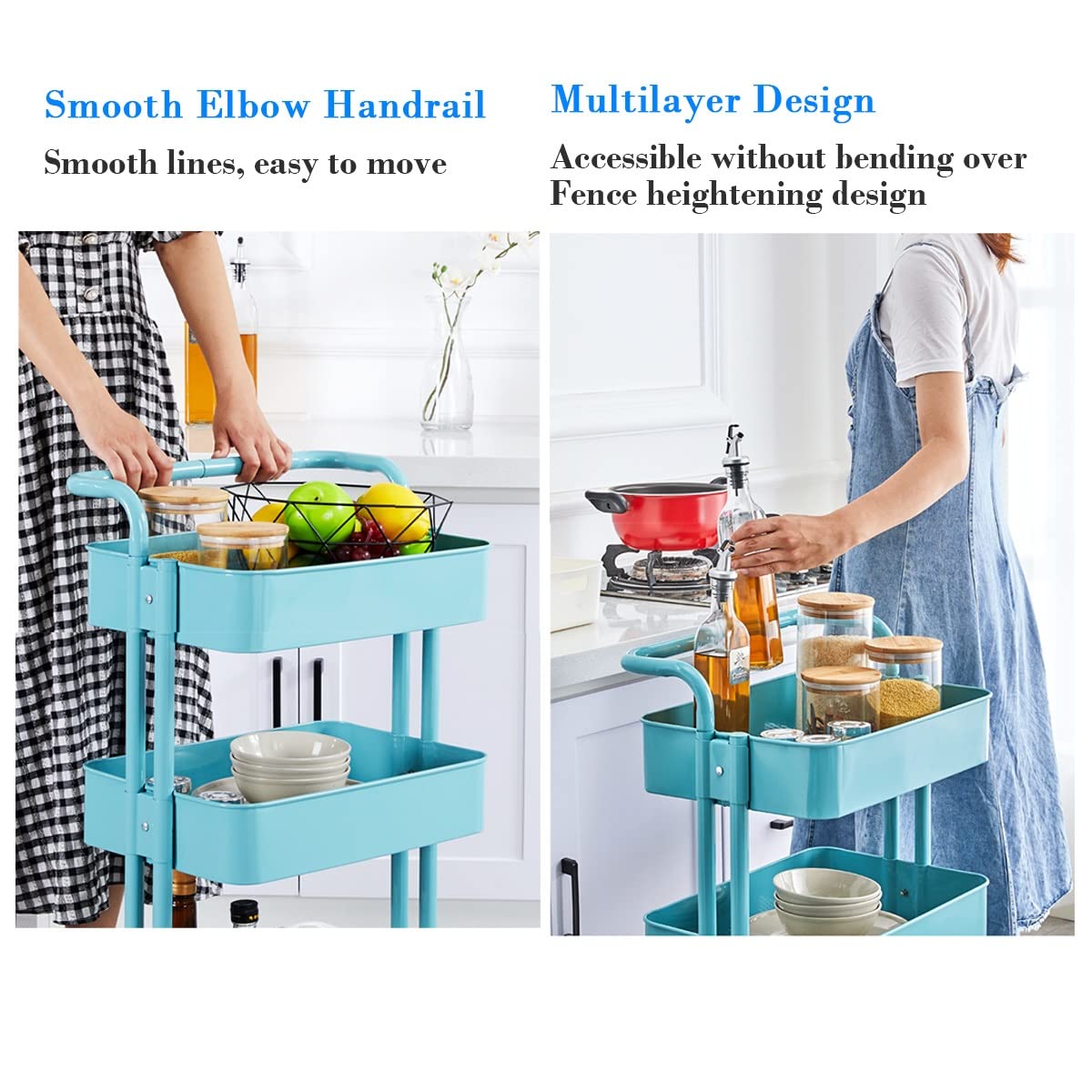 Carrito utilitario rosa de 3 niveles con estantes de almacenamiento para cocina, baño, oficina y lavandería, carrito de servicio de metal con ruedas para un fácil transporte y organización