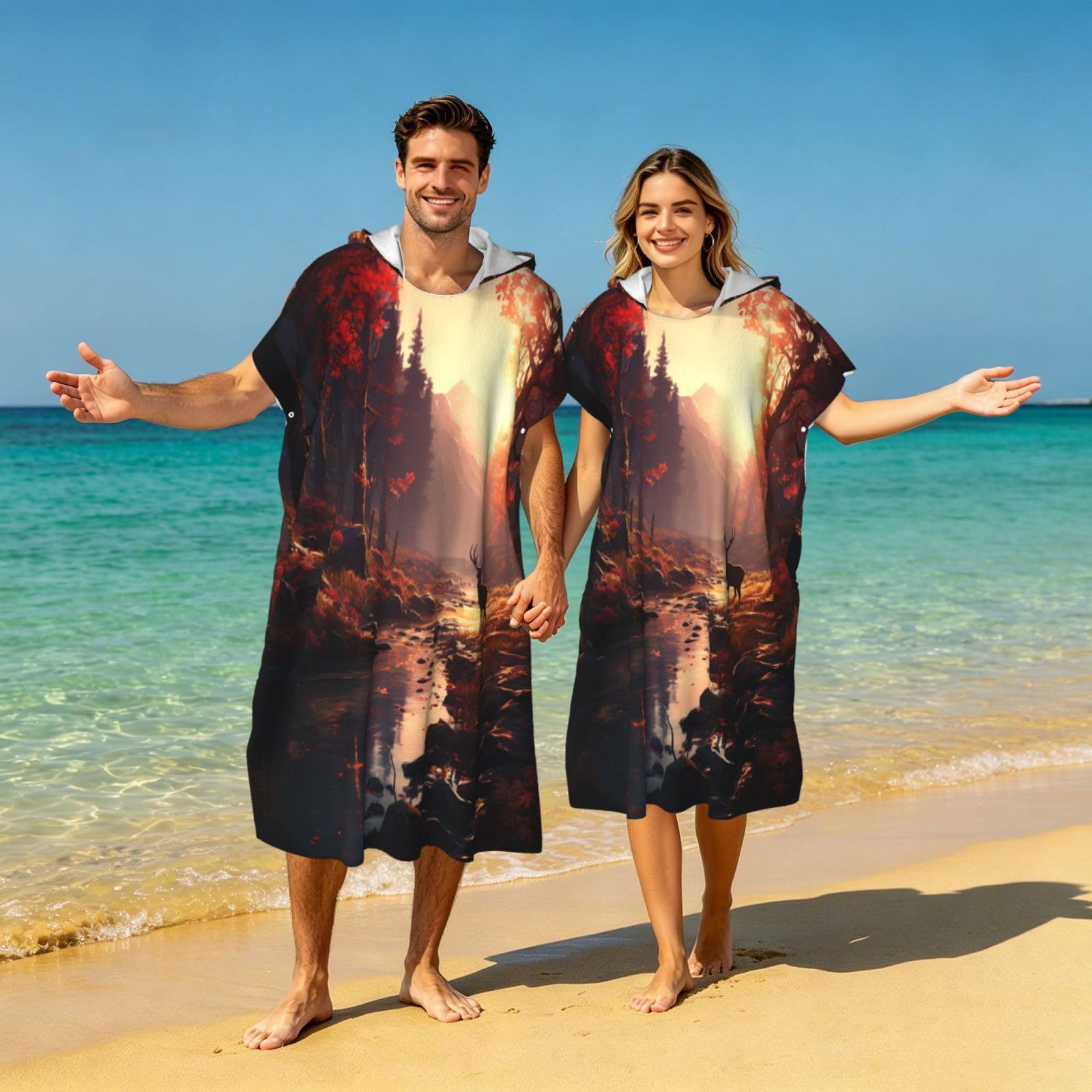 Poncho de plage à capuche pour adulte Motif cerf dans la forêt de feuilles rouges 109 x 89 cm