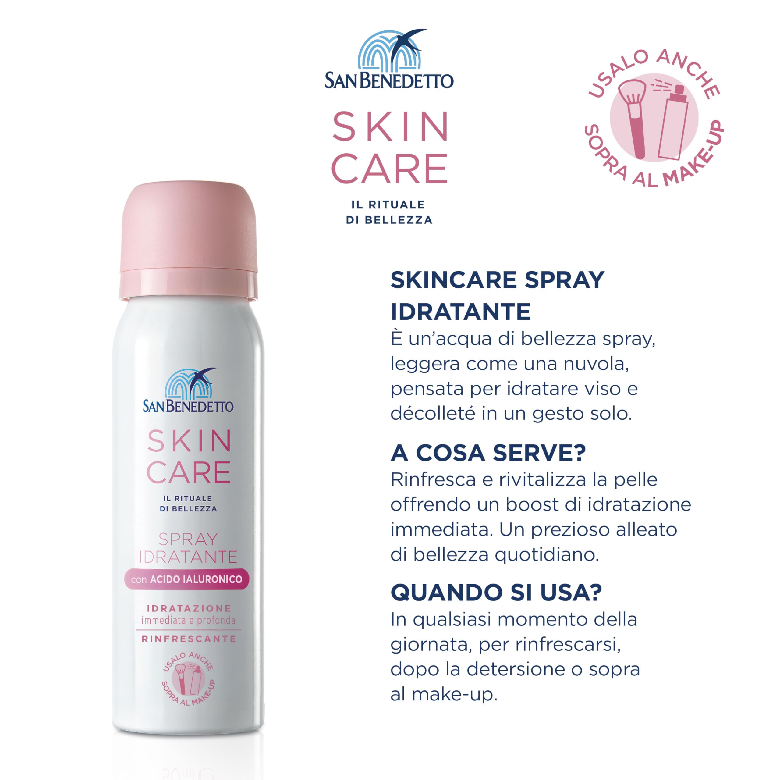 San Benedetto SKIN CARE MIST, Spray Idratante Viso con Acido Ialuronico 50ml, Effetto Nuvola Ideale Sopra il Make-up e in Viaggio, 97% Ingredienti Origine Naturale, Testato per Pelli Sensibili