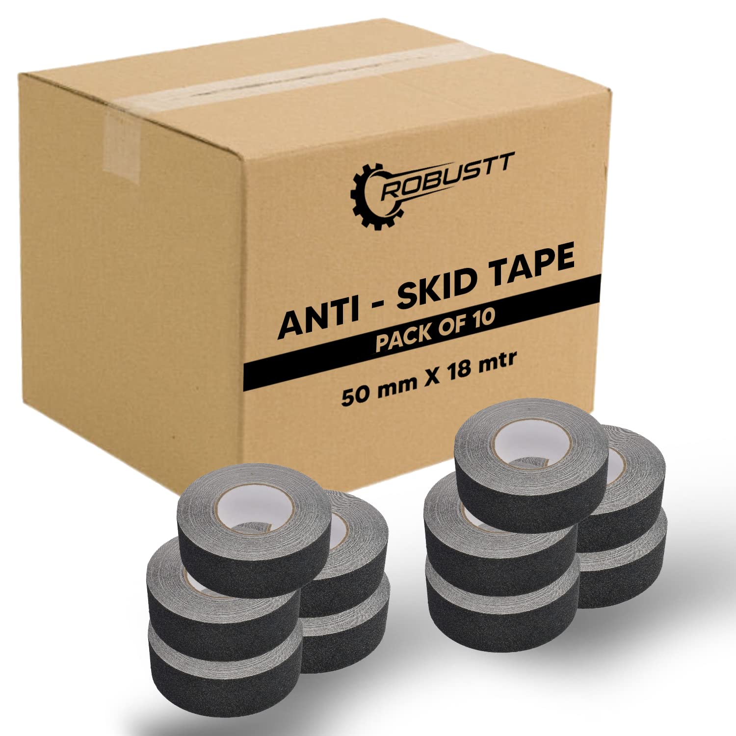 Robustt Anti Skid/AntiSlip 18mtr(guaranteed) X50mm (Pack of 10) Black Fall Resistant with PET Material and Solvent Acrylic Adhesive Tape for Slippery Floors, Staircase, Ramps, Indoor, Outdoor Use