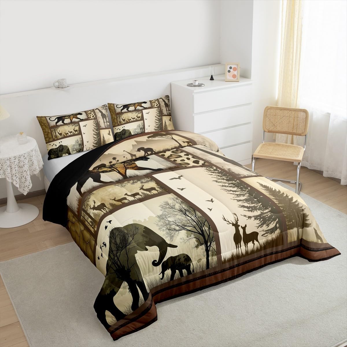 Feelyou African Safari Animal Kids Comforter Set Queen Size Wild Elephant Giraffe Leopard Bedding Set Rustic Country Cabin Duvet Quilt for Kids Boys Girls Bedroom Tropical Wildlife Decor Microfiber