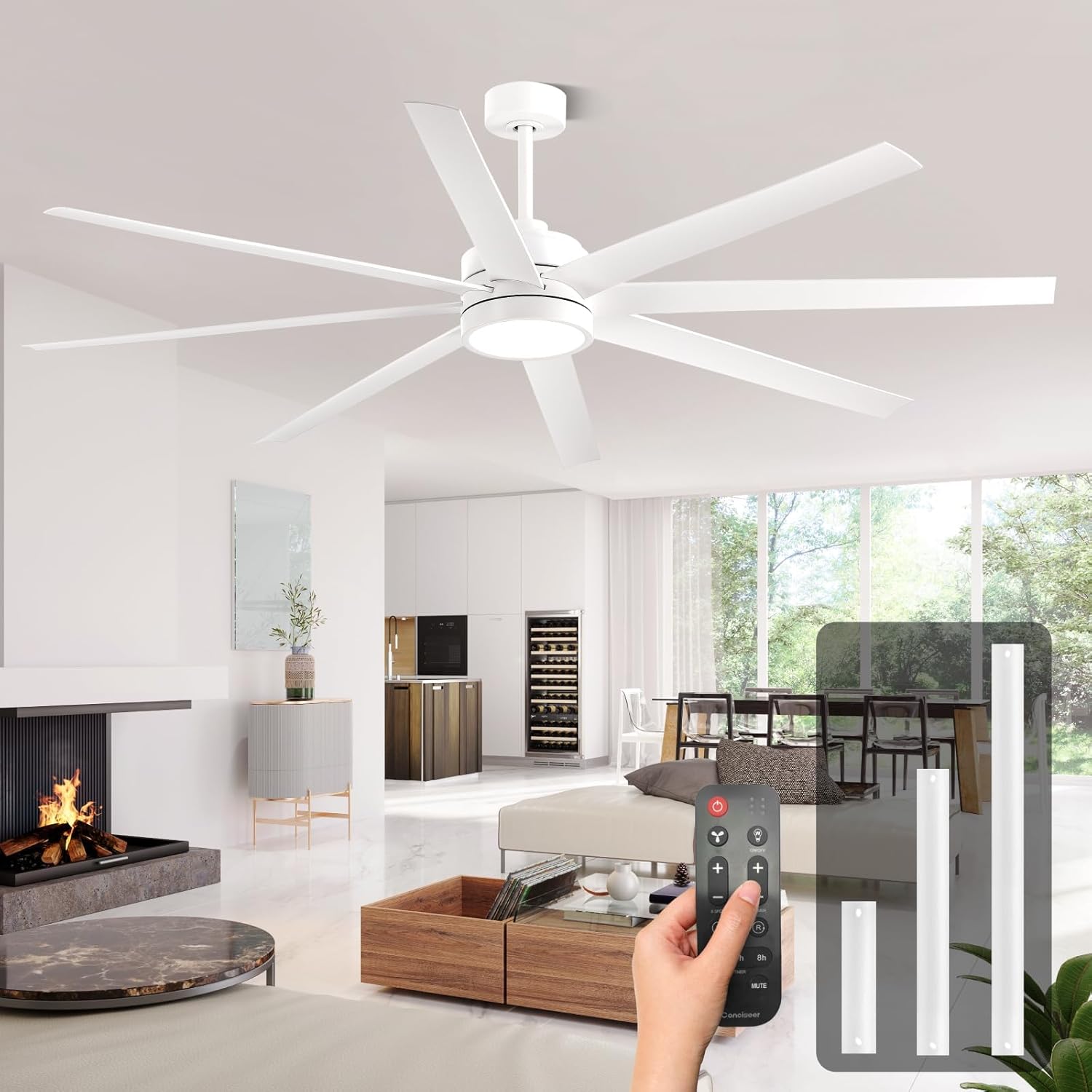 Modern Ceiling Fans with Lights, 72 Inch Ceiling Fan with Remote for Bedroom Living Room Kitchen Library Cafe Outdoor/Industrial Use,24W 3CCT 8 Blades 6 Speed Reversible Quiet DC Motor, White