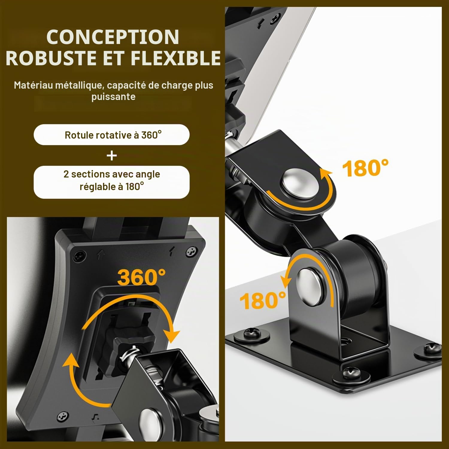 Tendak Support Mural pour Tablette, Support Mural Aluminium pour iPad, avec Base rotative à 360° réglable et Pliable pour iPad Pro Air, Tous Les téléphones et tablettes de 4,7 à 13.5"