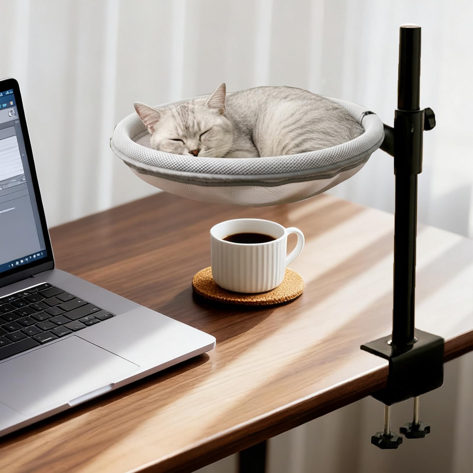 Katzenbett Schreibtisch, 360° drehbar & Höhenverstellbar, Max 33lb | Katzenkorb Schreibtisch mit 2 waschbaren Bezügen, Katzen Hängematte für Home, Office, Büroschreibtische, Spieltische-Grau