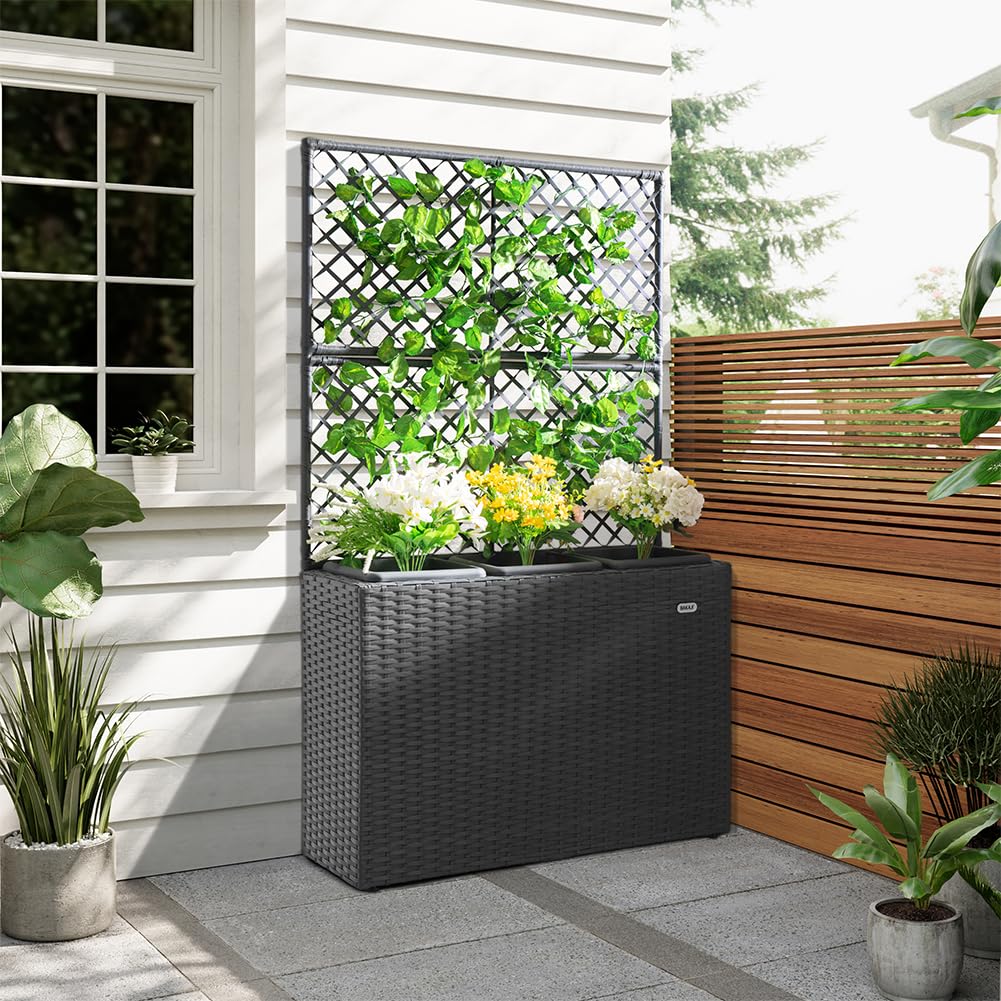 BAKAJI Jardinière à treillis en polyrotin, 3 pots amovibles, conteneurs pour plantes, potager vertical d'extérieur, design résistant aux rayons UV, jardin, balcon, terrasse, plante grimpante (gris)