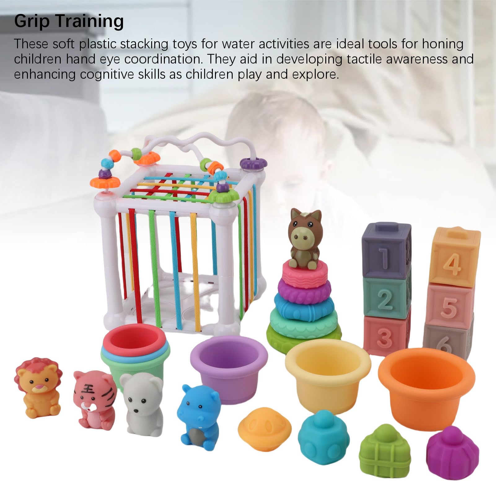 Jiawu Bloques Apilables, Bloques de Construcción Suaves para Juegos Acuáticos para Bebés con Juego de Tazas Apilables para Juguetes de Baño de Aprendizaje Temprano para Bebés