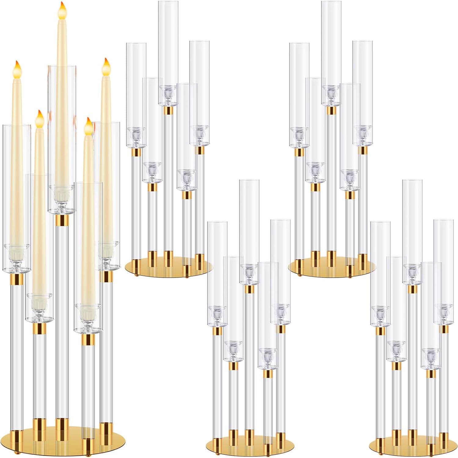 Barydat 4 Pcs Acrylic Candelabra Centerpieces Clear Candle Holder Crystal 5 Arm Candlesticks Holder with Acrylic Shade Pillar Taper Candlestick for Wedding Dinner Party Fit 0.87" LED Candle (Gold)