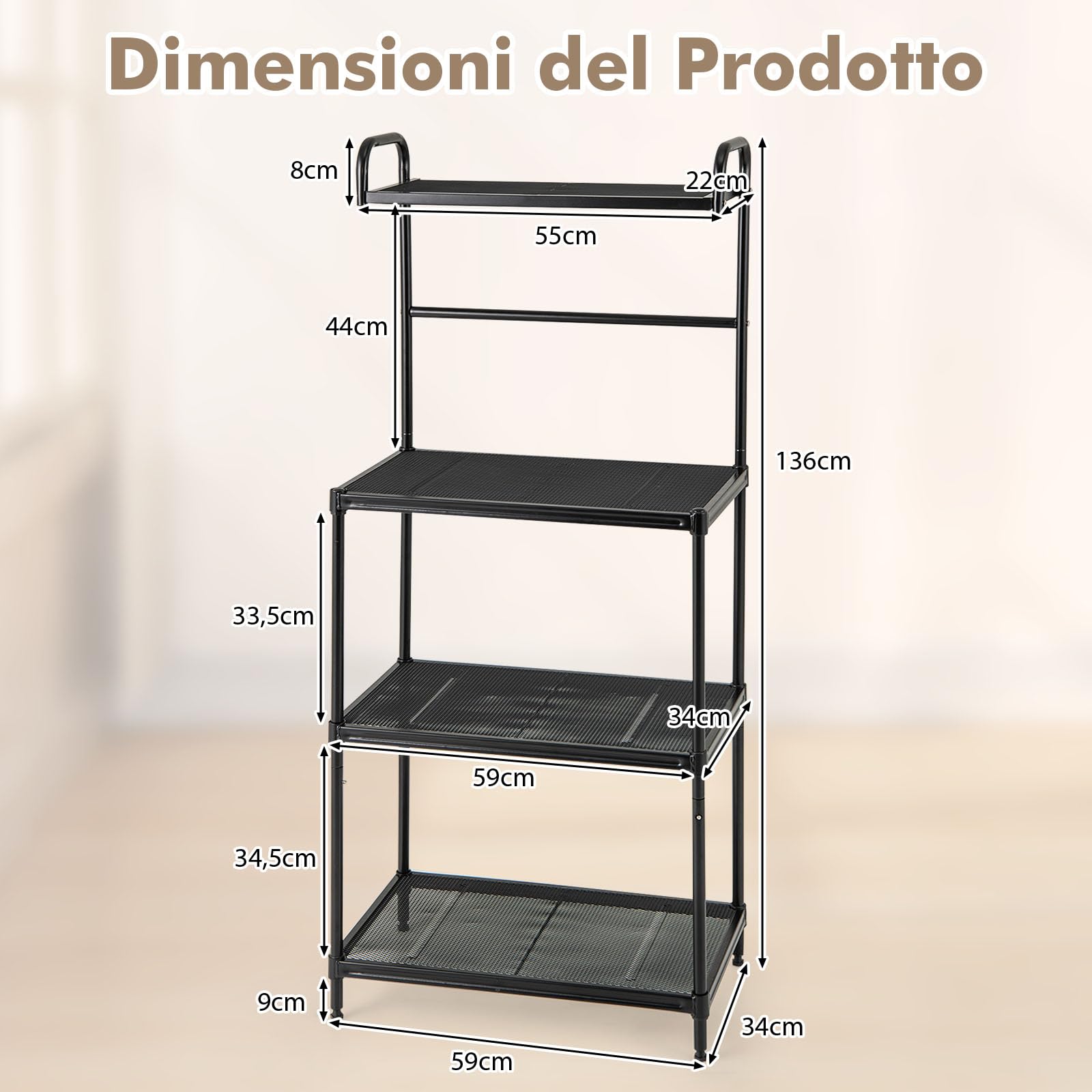 COSTWAY Microonde Scaffale da Cucina per Microonde in Metallo a 4 Ripiani, Carrello per Microonde Scaffalatura Organizzatore Portaoggetti, 60 x 34 x 136 cm (Nero)