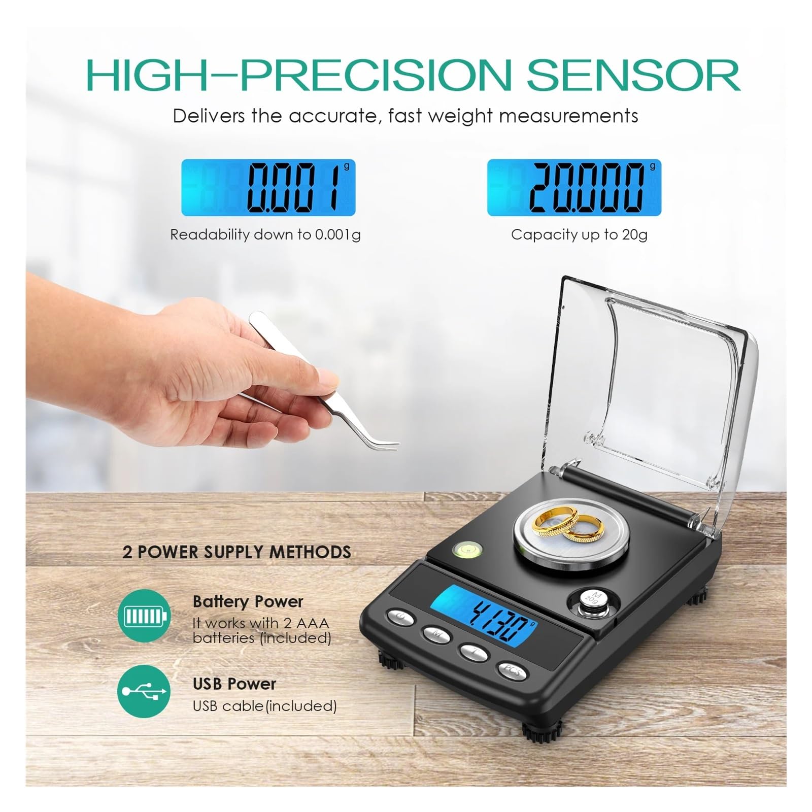 Bascula Precision Báscula de Cocina Báscula de joyería digital de precisión de 0,001 g, báscula electrónica alimentada por USB de 20 g, mini balanza de laboratorio LCD, báscula electrónica de 0,001 g
