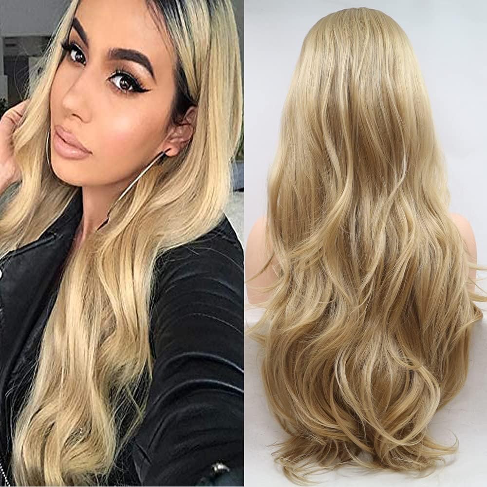 Xiweiya long wavy ombre blonde lace wig with dark root synthetic lace front wigs side part with heat resistant fiber for women drag queen long soft wig 24 inch
