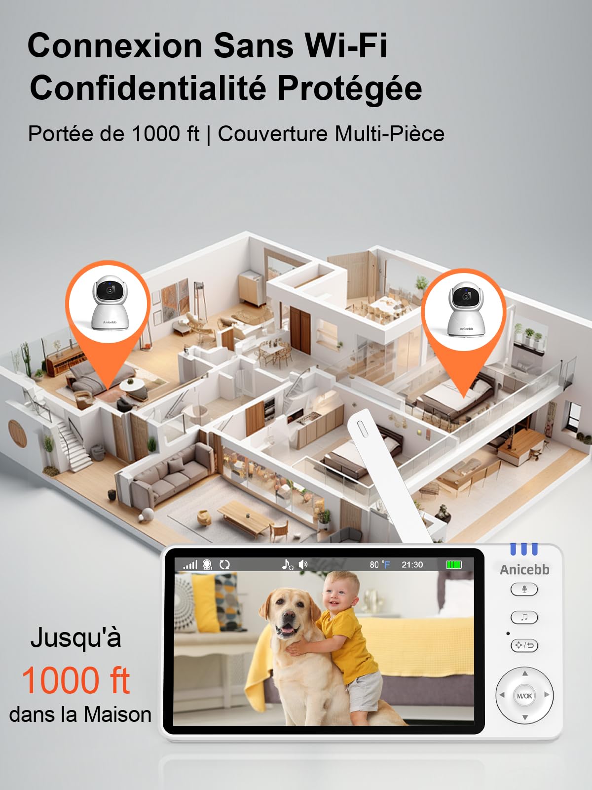 Babyphone Caméra Vidéo 5" HD sans WiFi, Surveillance Bébé PTZ 355° Zoom 4X, Portée 300m, Mode VOX 100 H Autonomie, Vision Nocturne, Audio Bidirectionnel, Alertes Température et Pleurs