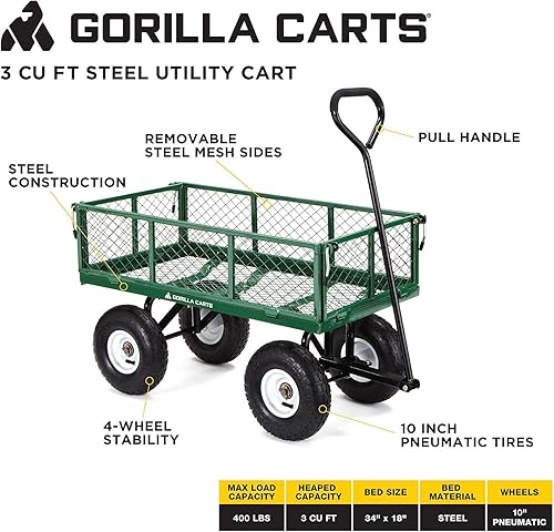 Miniatura 6 de Gorilla Carts GCR-4 - Carrito de jardín de acero de 4 pies cúbicos capacidad de 300 libras color negroamarillo y GOR400-COM con lados extraíbles