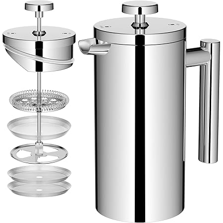 NVIYAM French Press Edelstahl 1000ml | Doppelwandig Isoliert | 3-Stufen Filter | Für Haus & Camping
