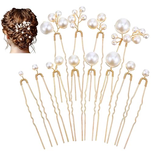 12 Pcs Gold U Shape Bridal Pearl Hair Pins Wedding