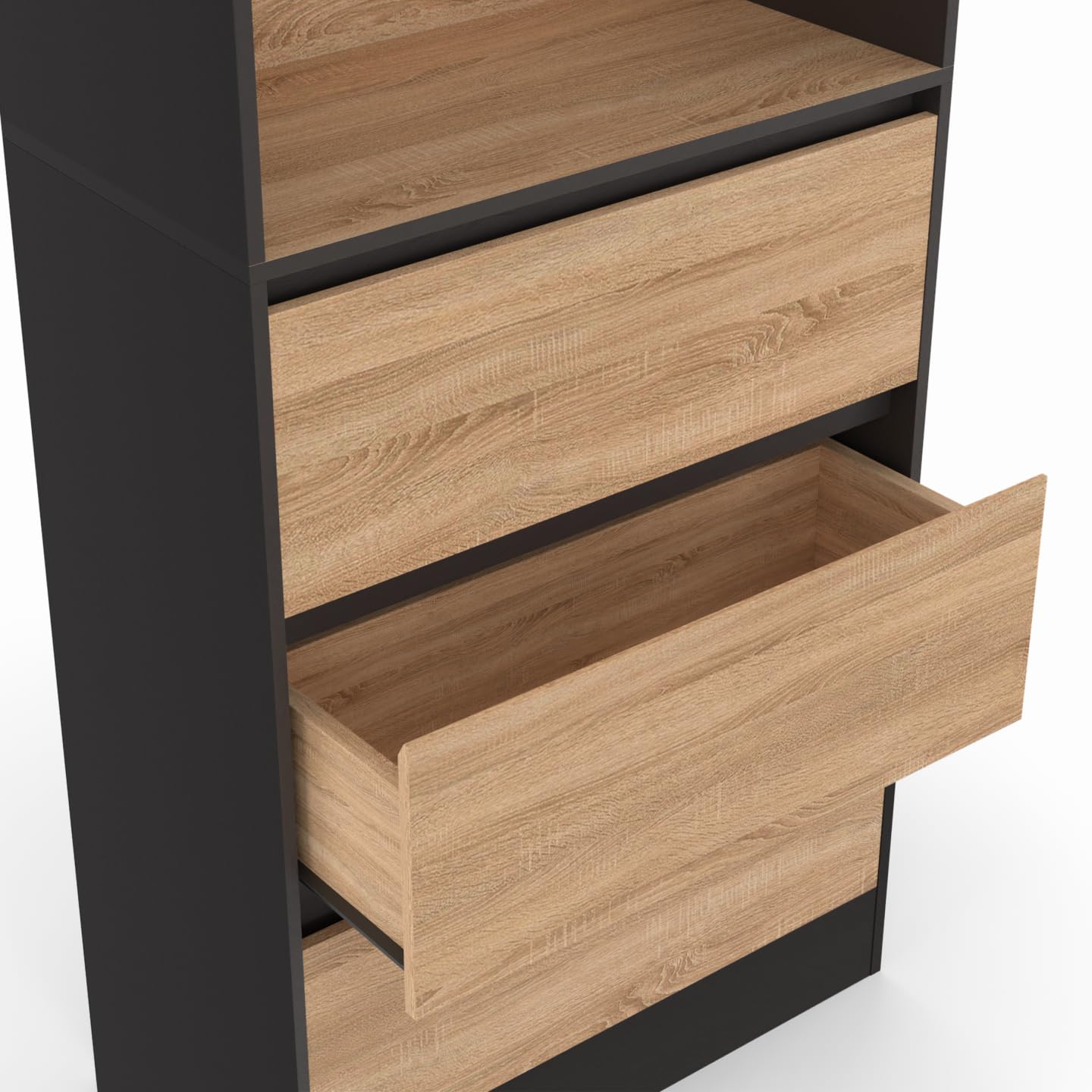 IDMarket – Estantería CARLA, 3 niveles con 3 cajones negros y efecto madera, 190 cm de altura