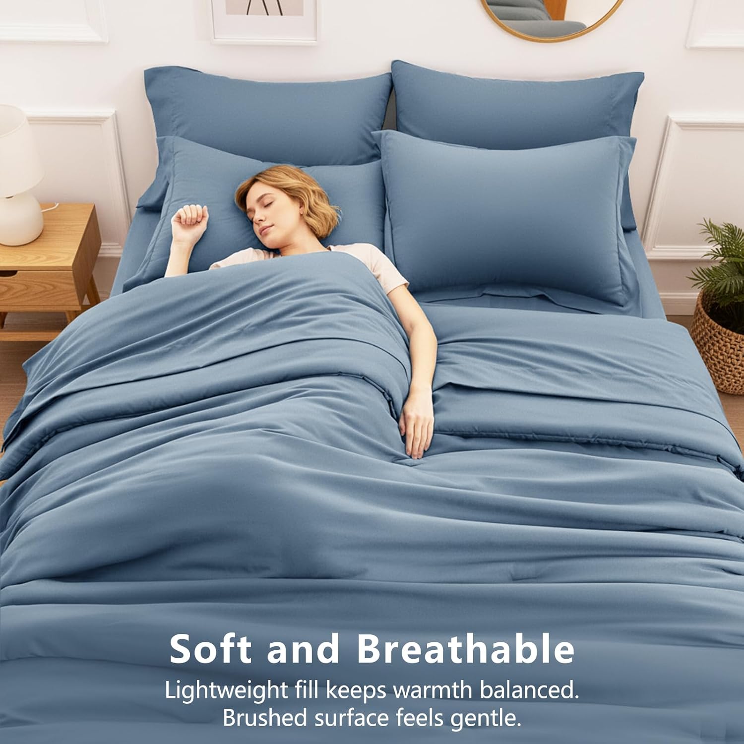 HIMEET Queen Size Comforter Sets - 7 Pieces Bed in a Bag Queen, Luxury Comforter Set with Sheets for All Season, Bed Set with Comforter, Flat Sheet, Fitted Sheet, Pillowcases & Shams, Grayish Blue