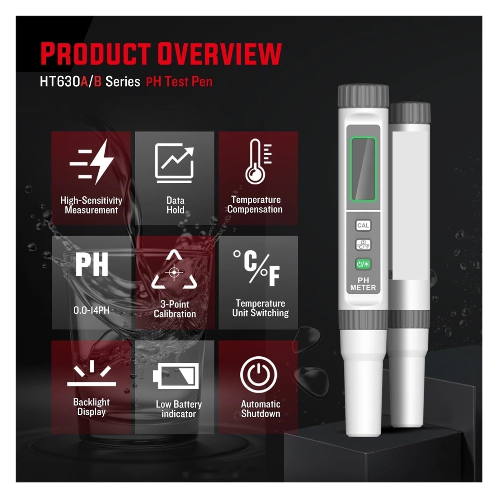 Tester TDS, Misuratore PH Digitale Penna Tester di Temperatura salinità Purezza del Filtro con retroilluminazione for Acqua dell'acquario(HT630B)