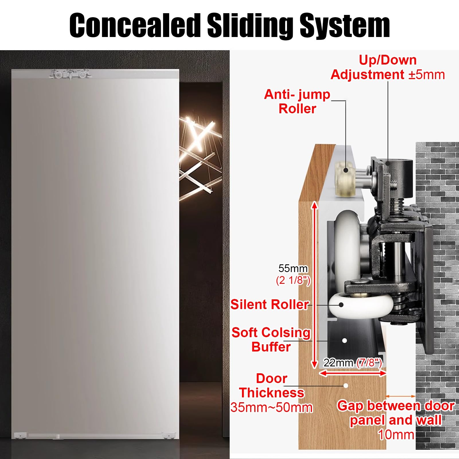 Vibeo Kit Puerta Corredera Oculta Herrajes Ocultos para Puertas de Granero con Montaje en Pared, Riel para Puerta Fantasma con Cierre Suave, Sistema de Puerta Corrediza de Madera(33in/85cm)