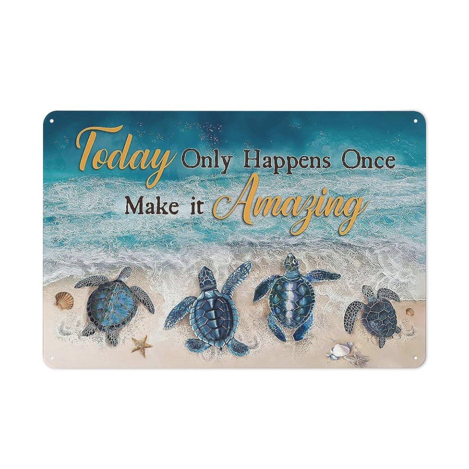 peiyeety 8 * 12inches Rustic Vintage Metal Tin Sign Beach Bathroom Decor Sea Turtle Wall Art Seashells Ocean Coastal Scenery Print Artwork Novelty Metal Sign for Home Kitchen Parlor Wall Decor