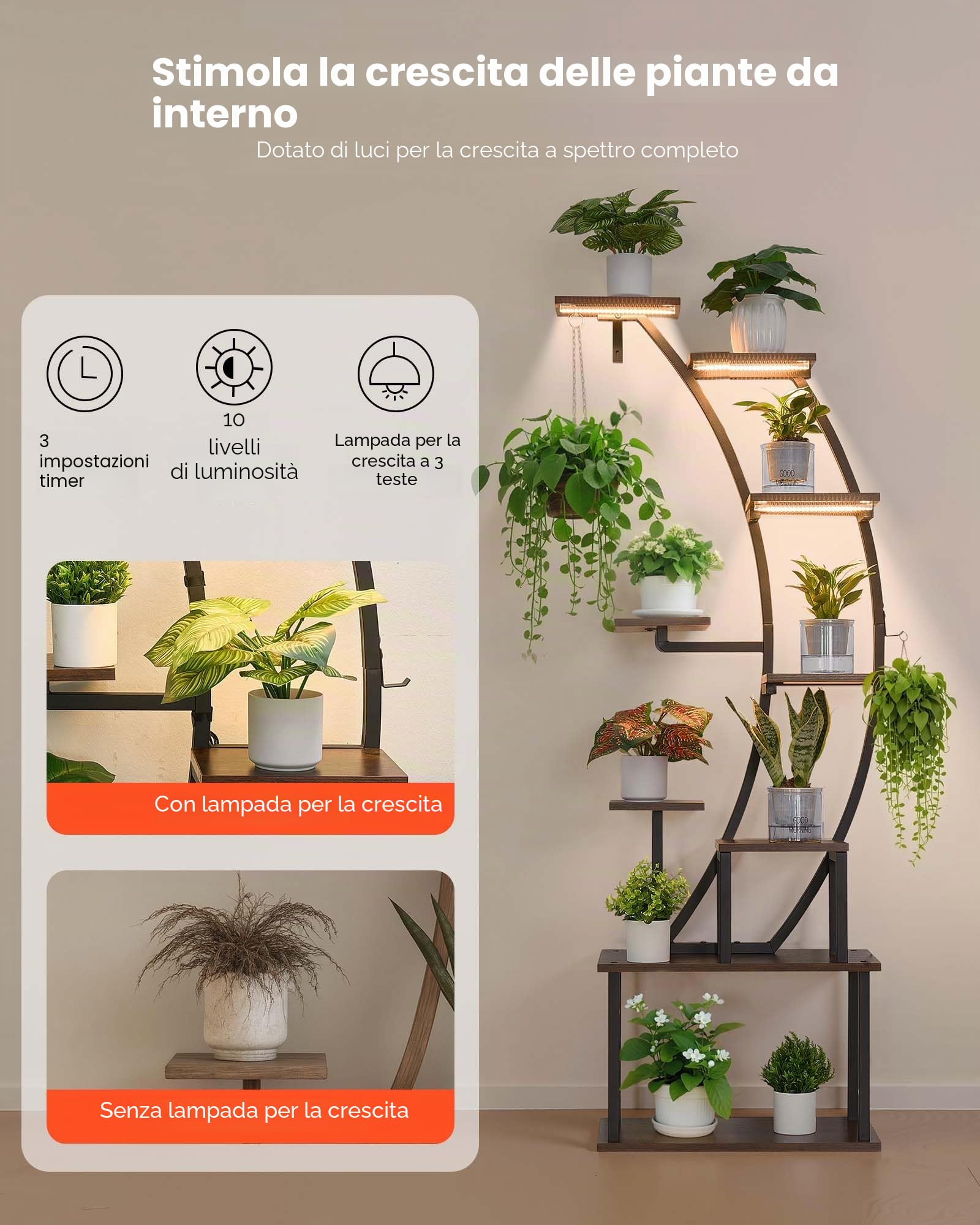 VEVOR Scaffale per Piante Moderno con Luci di Crescita, Scaffale Illuminato per Piante a 9 Livelli Alto 1600 mm, Supporto Angolato in Metallo, 3 Timer e 10 Livelli di Luminosità, Espositore per Fiori