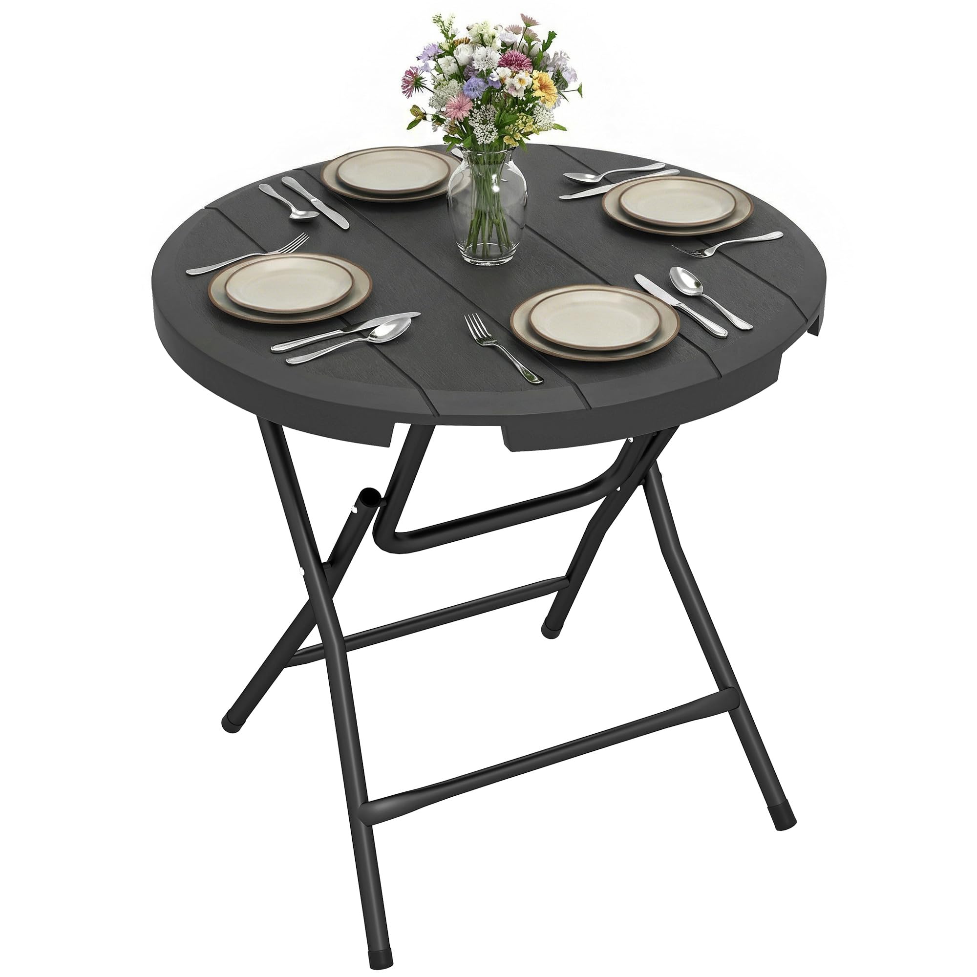 Outsunny Tavolo da Giardino Rotondo Pieghevole Ø80x73 cm Grigio Scuro | Tavolino da Pranzo, per 4 Persone, per Terrazzo e Balcone, in Acciaio e Plastica HDPE