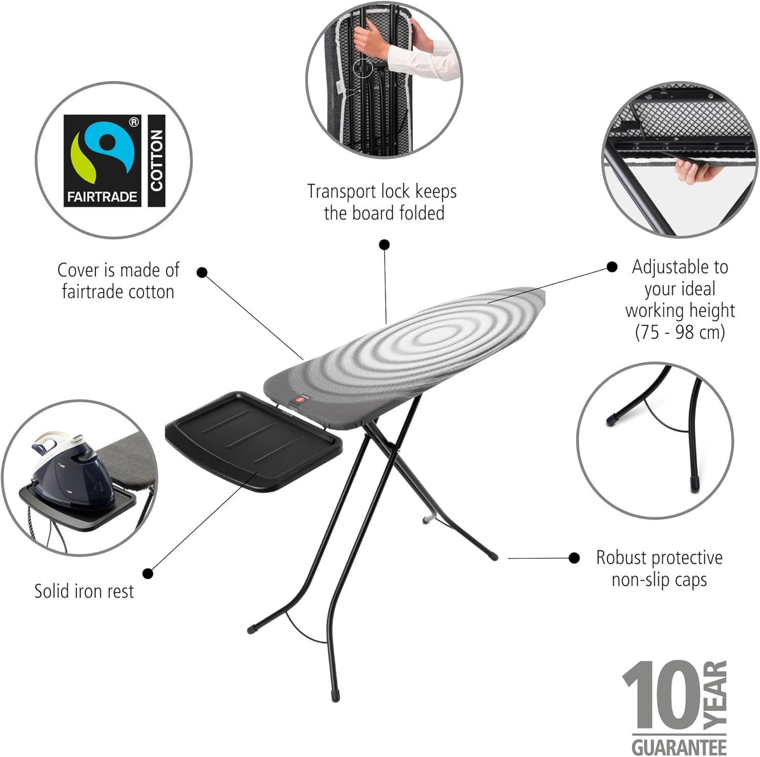 Brabantia Size B Ironing Board (49x15 in) 7 Height Options, Solid Steam Unit Rest Holder (Titan Oval) Non-Slip Feet, Anti-Collapse Child Locks