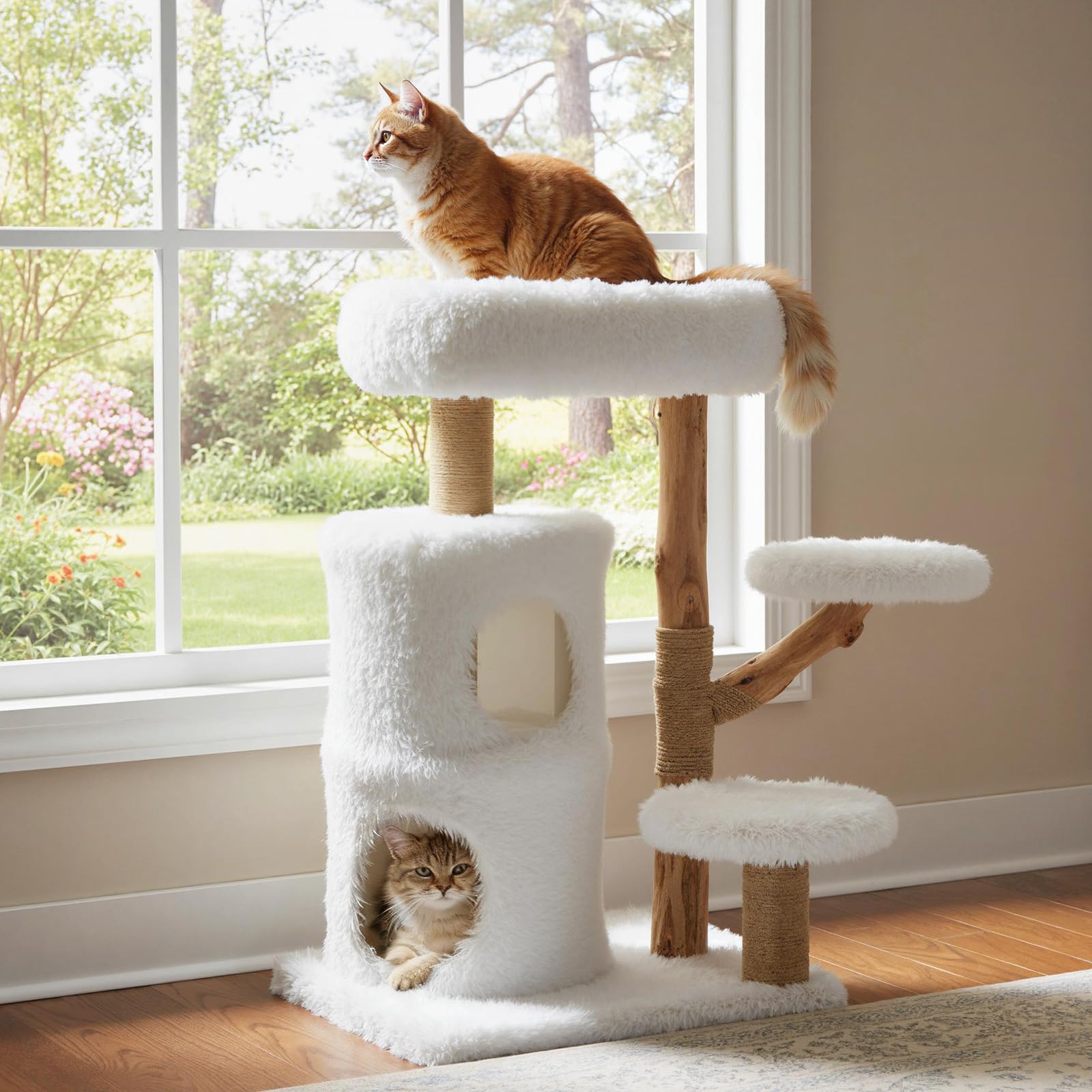 COSTWAY Arbre a Chat Bois de Poirier 93 cm, Condo à 2 Niveaux, 3 Poteaux à Griffer en Jute, 4 Plateformes, Arbre à Chat Maine Coon, Base Épaisse à 2 Couches, Cushion Amovible (93 cm,Blanc+Naturel)