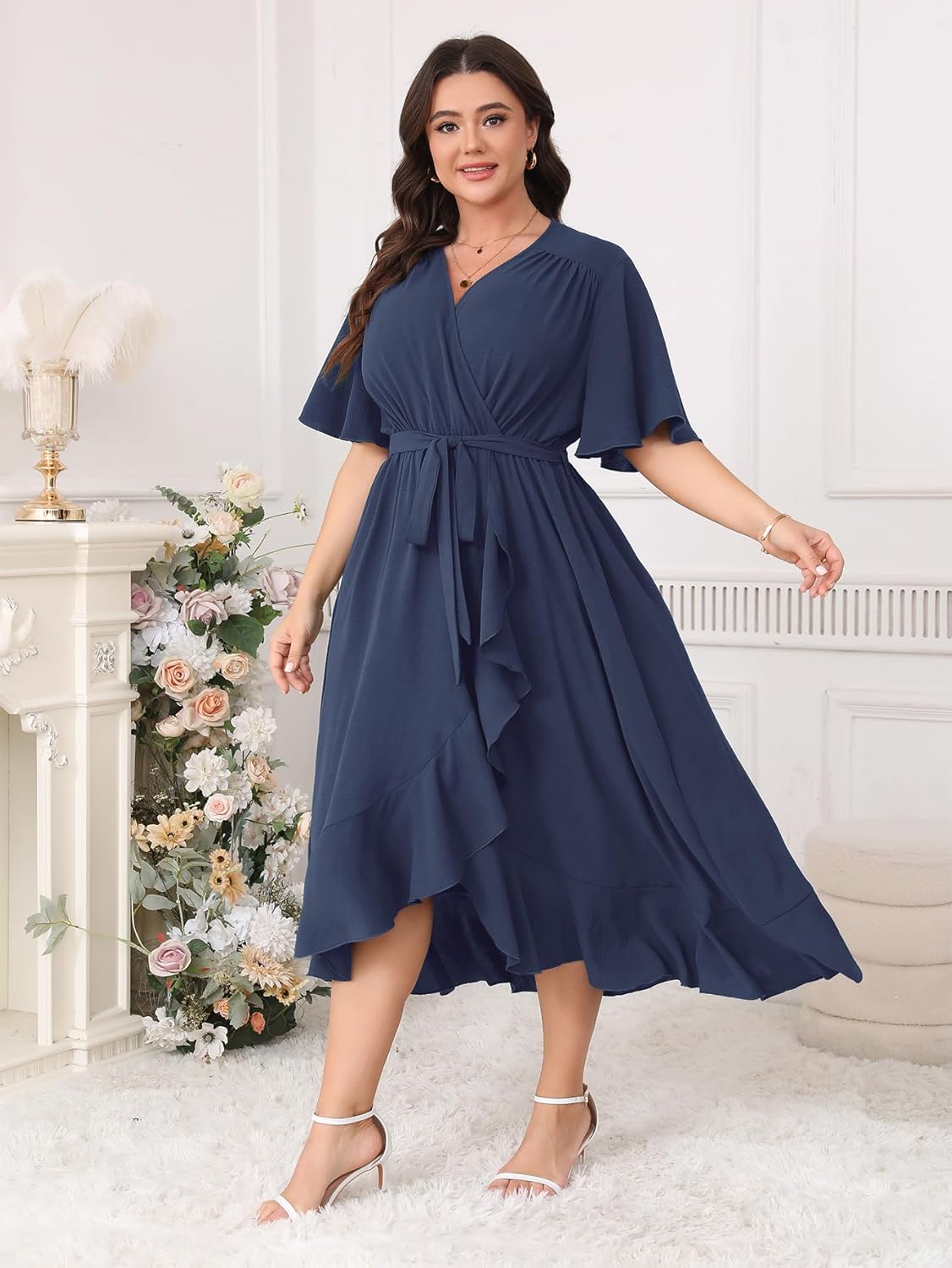 Plus Size Formal Wedding Guest Cocktail Dresses for Curvy Women Maxi Dress Wrap V Neck Short Sleeve - Image 5