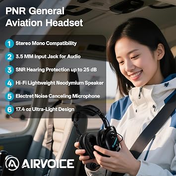 AIRVOICE Aviation Headset Stereo Mono Compatible 25dB with Passive Noise Cancelling PNR General Aviation Headset with Noise Cancelling Mic Adjustable Headband Lightweight