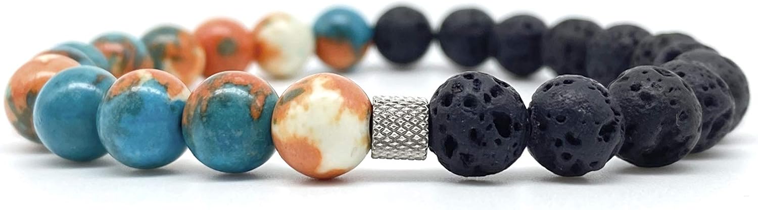 Jade Gemstone Bracelet with Lava Stones. Hand made Men bracelet Women bracelet unisex bracelet stretch bracelet - 8mm