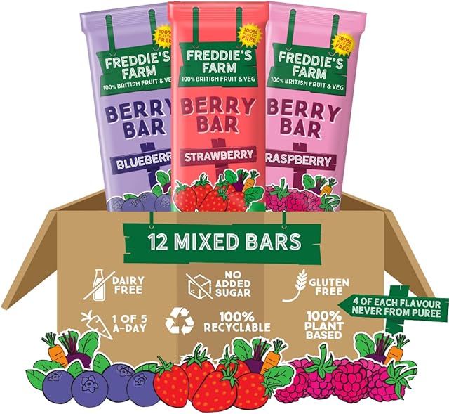 Freddies Farm Kids Snacks | Lunchbox Snacks Multipack - Strawberry, Raspberry, Blueberry Fruit Bars | 100% Fruit & Veg | Healthy Snacks For Kids | Plastic Free, Recyclable & Made in the UK | 12 x 20g