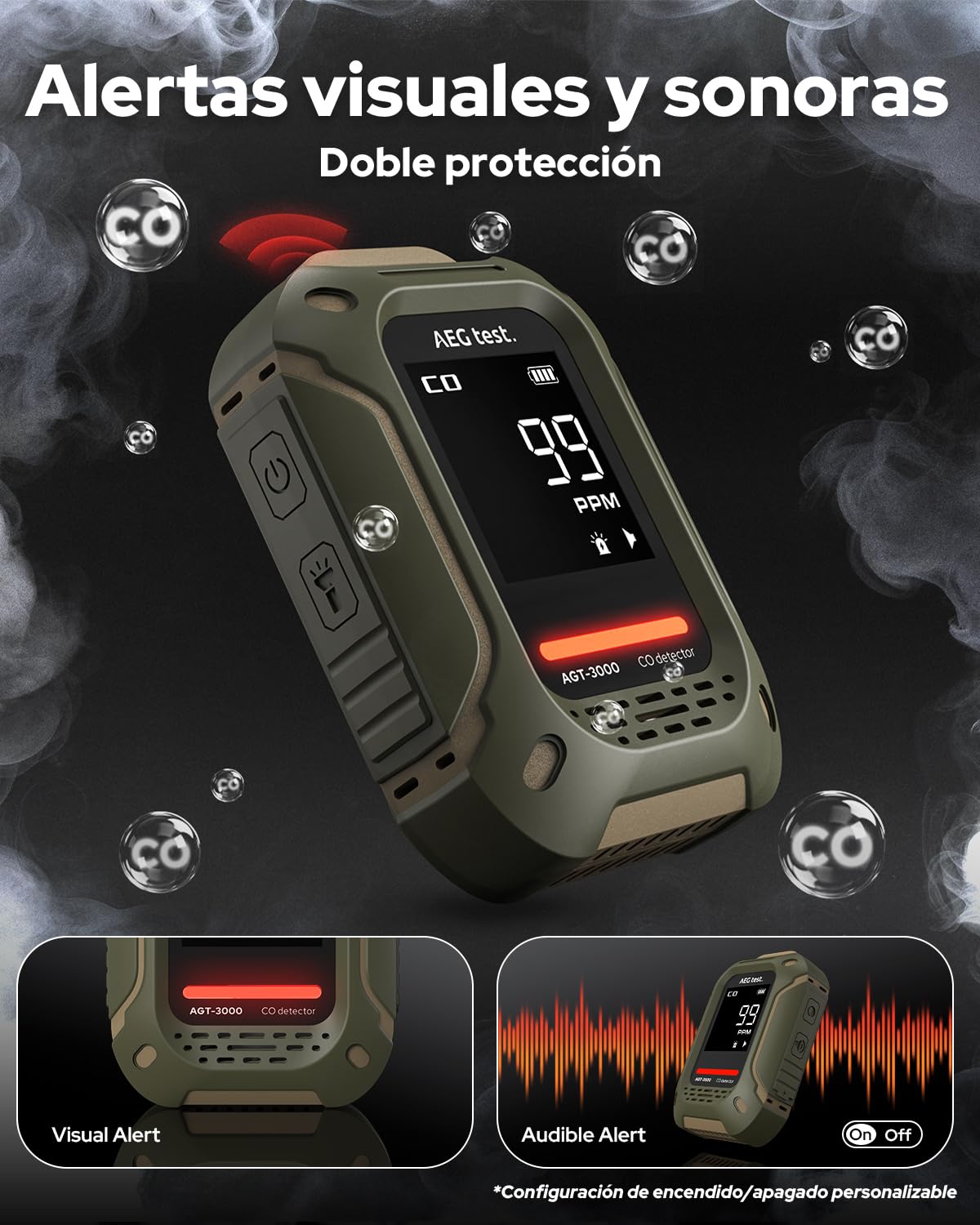 AGT-3000 Detector portátil de monóxido de Carbono, 240 h en Espera, Sensor CO Mejorado para Viajes, Detector CO Recargable con alertas sonoras y visuales, medidor CO para Camping, 0–1000 ppm