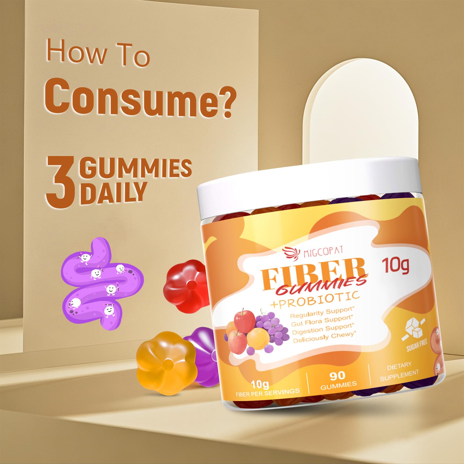 Migcopat 10G Fiber Gummies with Probiotics, Fiber Supplement with 30 Billion CFU Probiotics Blend, ACV, Vitamin C, Inulin - Support Digestive Health - No Sugar Added - Fruit Flavored - 90 Count — Amazon image 8