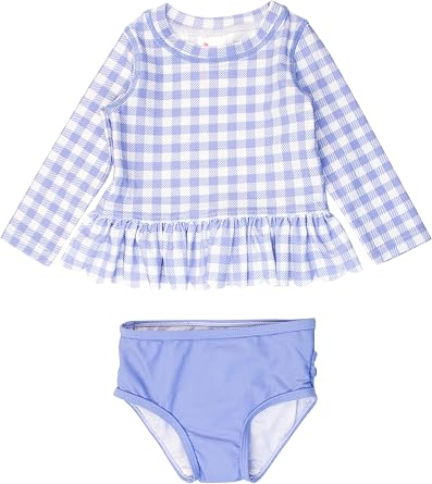 RuffleButts Baby/Toddler Girls Scalloped Long Sleeve Rash Guard 2-Piece UPF50+ Sun Protected Swimsuit