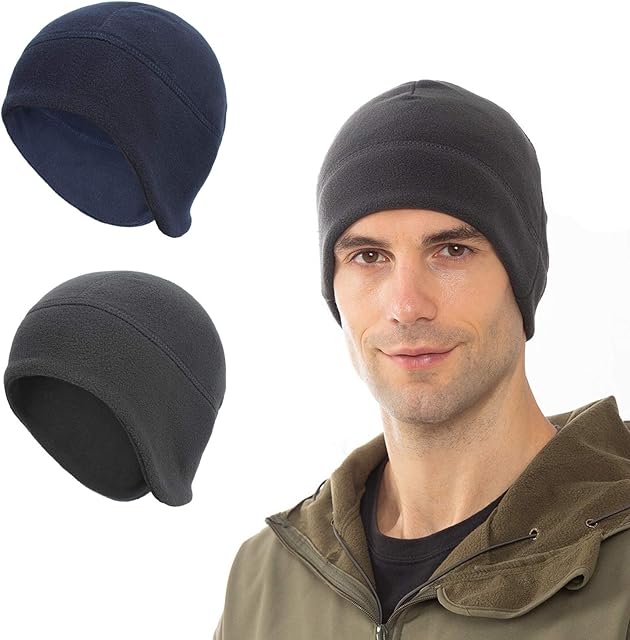 Beanie Cap Headwear with Ear Covers, 2PCS Winter Thermal Fleece Running Hat, Winter Running Hat Skull Cap Cycling Helmet Liner, Unisex Beanie Hat for Running Fishing Skiing Cycling Outdoor Sports