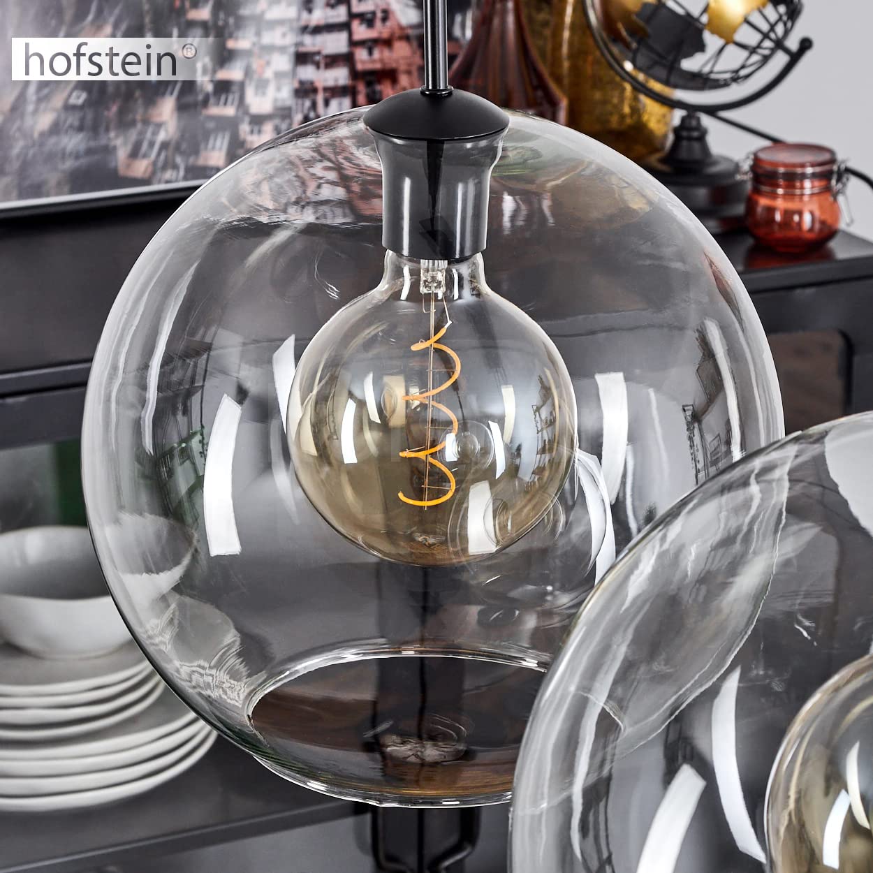 Lampadario Sospensione Vintage Koyoto - 3 Luci Con Paralumi In Vetro, Metallico/Nero, Altezza 152.5 Cm