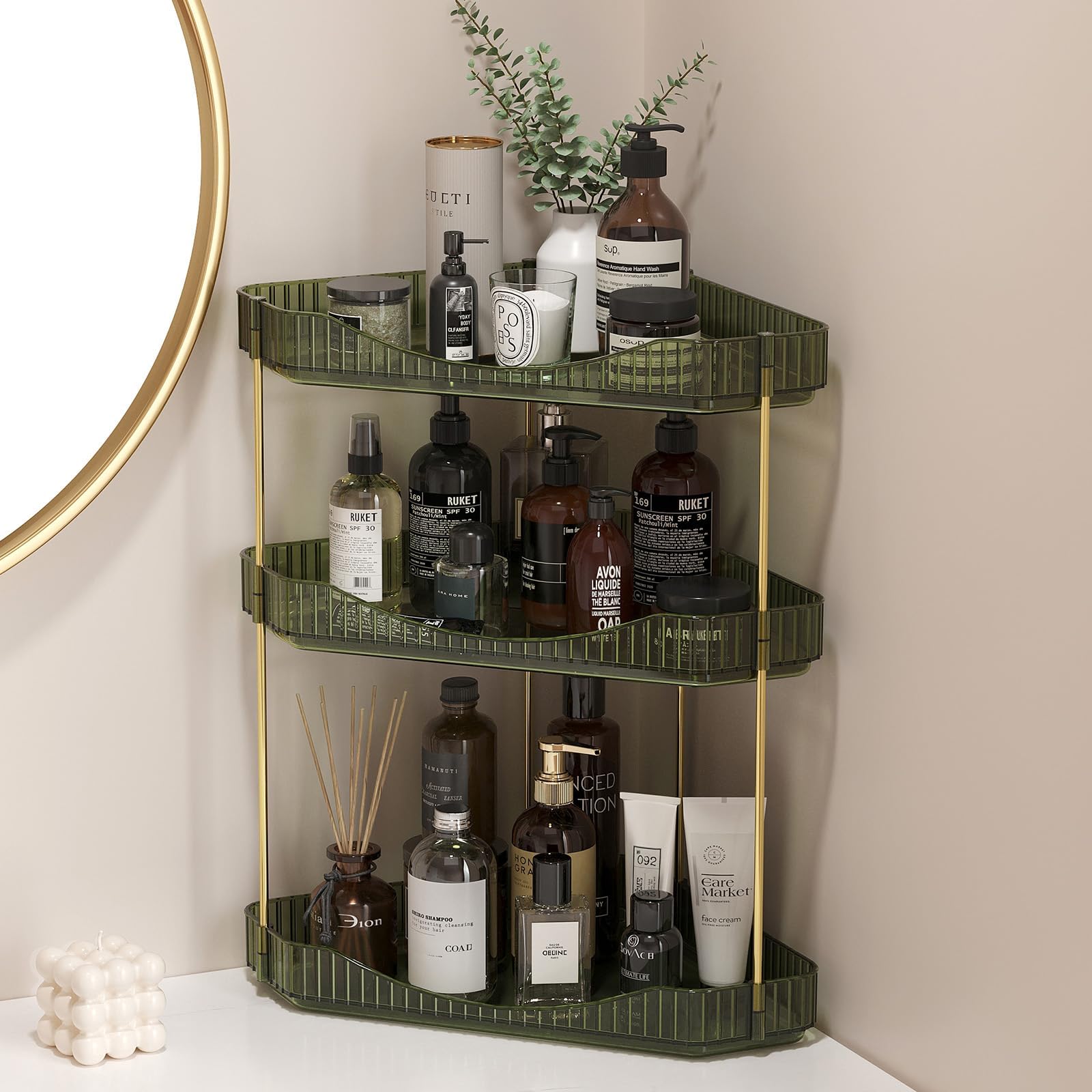 Lifewit Perfume Organiser, Bathroom Countertop Storage, Plastic Makeup Skincare Organiser, Vanity Trays Counter Shelf, Corner Shower Caddy, Corner Storage in Dresser, Bedroom, Kitchen, 3-Tier, Green